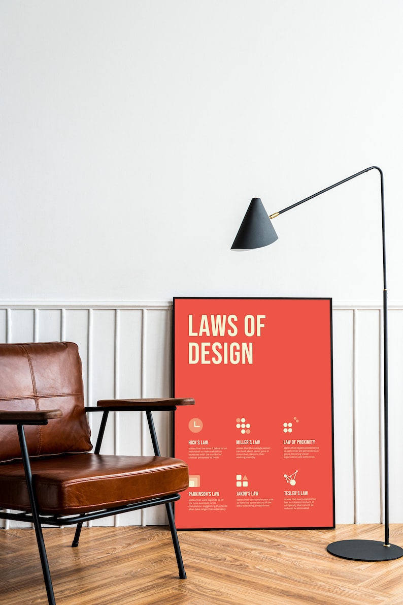 May include: A framed poster with a red background and the text "LAWS OF DESIGN" in white. The poster features six different laws of design, each with a corresponding icon and description.