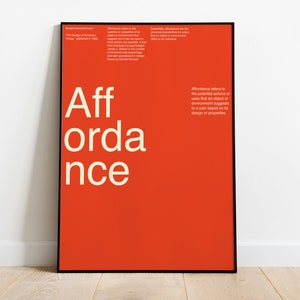 May include: A framed poster with a red background and white text that reads "Affordance". The text is in a bold, sans-serif font. The poster is hanging on a white wall.