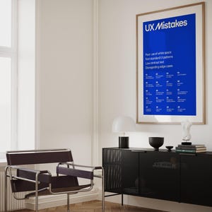 Op de afbeelding: Een blauwe poster met de tekst "UX Mistakes" en een lijst met veelvoorkomende UX-fouten. De poster hangt aan een witte muur in een kamer met een stoel en een bijzettafel.