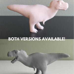 Op de afbeelding: Twee 3D-geprinte dinosaurusbeeldjes, een in roze en een in grijs. Beide dinosaurussen staan met hun bek open. De tekst "BOTH VERSIONS AVAILABLE!" wordt onder de dinosaurussen weergegeven.