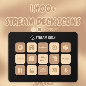 Puede incluir: Un Stream Deck negro con 15 botones, cada uno con un icono diferente. Los iconos incluyen Spotify, silencio, brillo, un círculo, Twitch, StreamLabs, Prime Video, Alerta de salto, Nintendo Switch, Valorant, pausa, un carrete de película, Lethal Company, un anuncio y un micrófono. El texto "1,400+ STREAM DECK ICONS 2 COLOURS" está en la parte superior de la imagen. El texto "STREAM DECK" está en la parte superior del Stream Deck. El texto "DesignsFromBex" está en la parte inferior de la imagen.