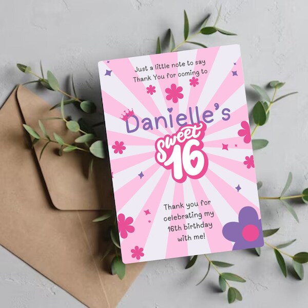 Personalised 16th Birthday Party Thank You Card - Girls Birthday - Sixteenth Birthday - Pink Sweet 16 - Party Stationery - Digital Printable