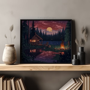 May include: A digital illustration depicting a cabin nestled in a woodland setting at night. The cabin features a lit window and a porch with a rocking chair. A campfire burns brightly in front of the cabin, while a full moon illuminates the sky. The scene is surrounded by trees and a lake.