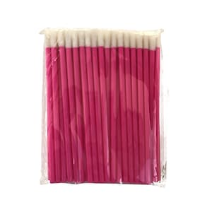 May include: A pack of 50 pink disposable lip and lash applicators with white tips. The applicators are in a clear plastic bag.