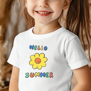 Camiseta blanca con un sol - Camiseta hola verano - Camiseta con un sol para niñas - Camiseta de niñas con un sol alegre - Camiseta colorida