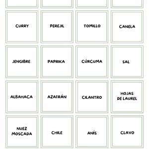 Puede incluir: Un conjunto de etiquetas de especias en español, como "Pimienta Negra," "Ajo," "Orégano," y "Comino," dispuestas en una cuadrícula. Cada etiqueta está en un cuadrado con borde verde y fondo blanco. El texto "Etiquetas de cocina" está en la parte inferior.