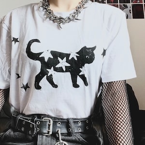 White Starry Black Cat Unisex T-shirt / Handprinted Linocut Tee