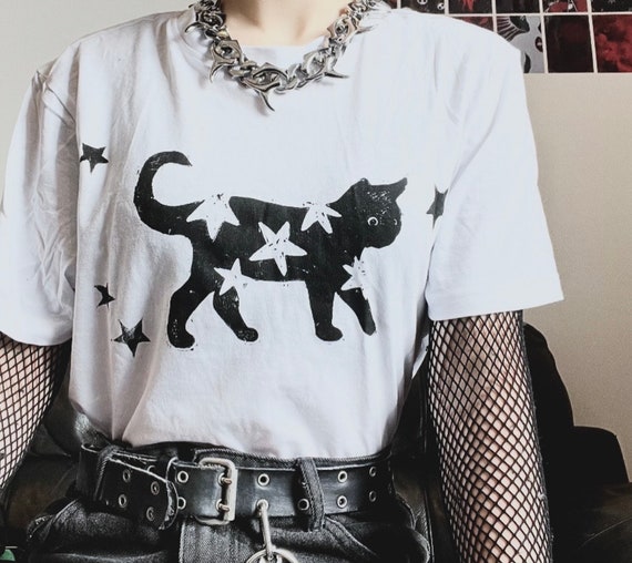 White Starry Black Cat Unisex T-shirt / Handprinted Linocut Tee