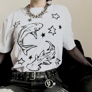 Shark White Unisex T-shirt / Handprinted Hammerhead Linocut Ocean Tee