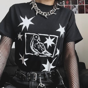 Black Pigeon and Stars Unisex T-shirt / Linocut Design Tee