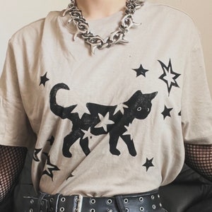 Beige Starry Black Cat Unisex T-shirt / Handprinted Linocut Tee