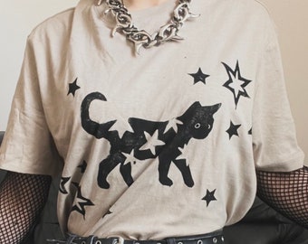 Beige Starry Black Cat Unisex T-shirt / Handprinted Linocut Tee