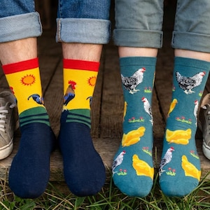 Calcetines coloridos de pollo y gallo – Calcetines divertidos de granja – Calcetines con diseño de pollo y gallo