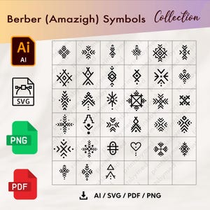 May include: A grid of black and white Berber (Amazigh) symbols. The image includes file type icons for AI, SVG, PNG, and PDF formats. The text "Berber (Amazigh) Symbols Collection" is displayed at the top of the image.
