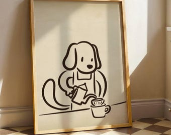 Dog Barista Print: Minimalist Coffee Lover Art (Digital Download)