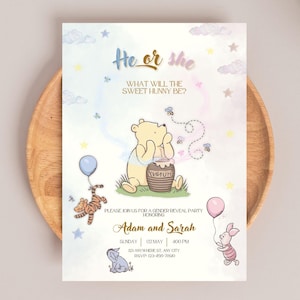 May include: A gender reveal party invitation featuring Winnie the Pooh characters. The invitation has the text "He or She, What Will the Sweet Hunny Be?" and includes details for the event, such as the date, time, and location.
