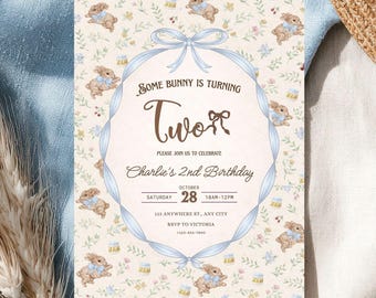 Some Bunny is Turning Two Invitation, 2nd Birthday Bunny Invite, Vintage Bunny Birthday Boy, Blue Bow Birthday Invitation,  Canva Template