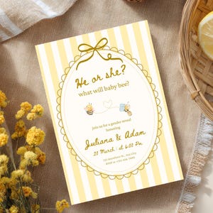 Bee Gender Reveal Invitation | He or She What Will Baby Bee Gender Reveal | Neutral Gender Reveal | Editable Canva Template