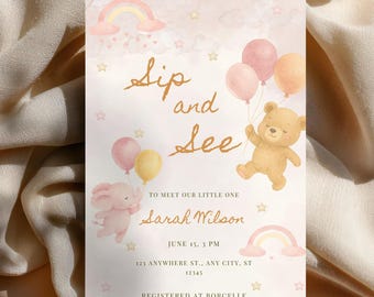 Invitación de osito rosa para bebé niña (plantilla editable de Canva)