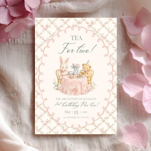 Vintage Tea for Two Birthday Invitation | Bear & Bunny Tea Party Invite | Vintage Floral Toddler Birthday | Editable Canva Invitation