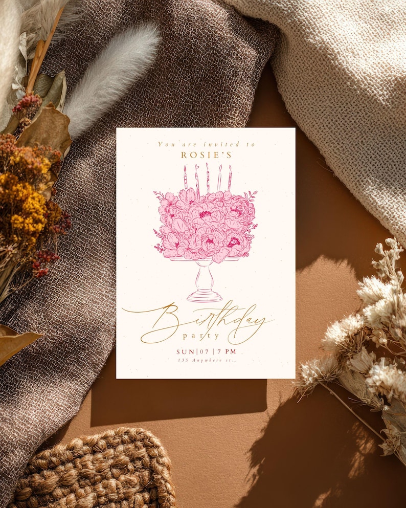 Pink Floral Birthday Invitation, Elegant Birthday Invite, Vintage Floral Birthday Party Invitation, Canva Template, Minimalist Birthday image 7