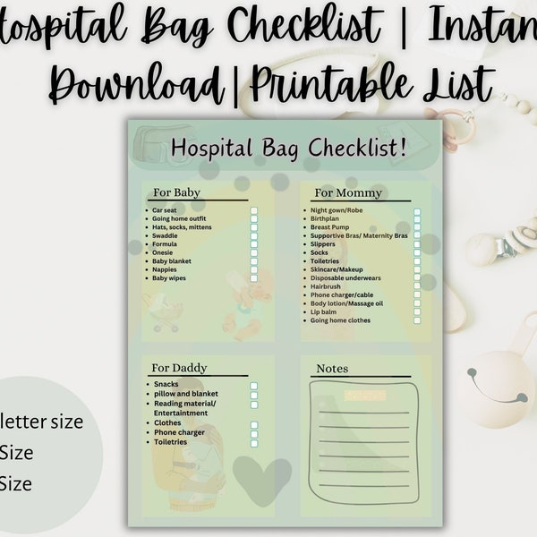 Hospital Bag Checklist, Maternity Bag Checklist, Labor Bag Packing list, Hospital Bag list, Packing for Hospital, Hospital Birth Bag