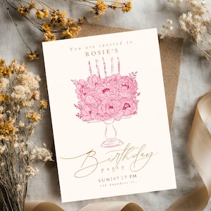 May include: A rectangular birthday party invitation card featuring a pink line-art illustration of a floral cake with candles. The text reads: You are invited to ROSIE'S Birthday party SUN 07 | 7 PM 123 Anywhere st. The design uses gold and pink ink.