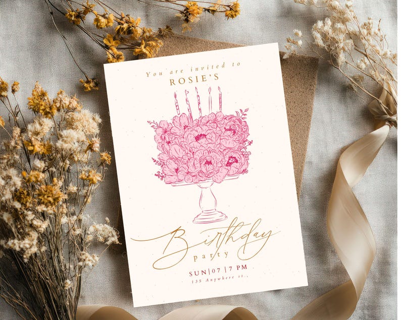 May include: A rectangular birthday party invitation card featuring a pink line-art illustration of a floral cake with candles. The text reads: You are invited to ROSIE'S Birthday party SUN 07 | 7 PM 123 Anywhere st. The design uses gold and pink ink.