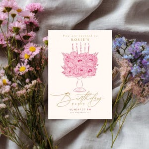 May include: A rectangular birthday party invitation card featuring a pink line-art illustration of a floral cake on a pedestal stand. The text reads: You are invited to ROSIE'S, Birthday party, SUN | 07 | 7 PM, 123 Anywhere st.