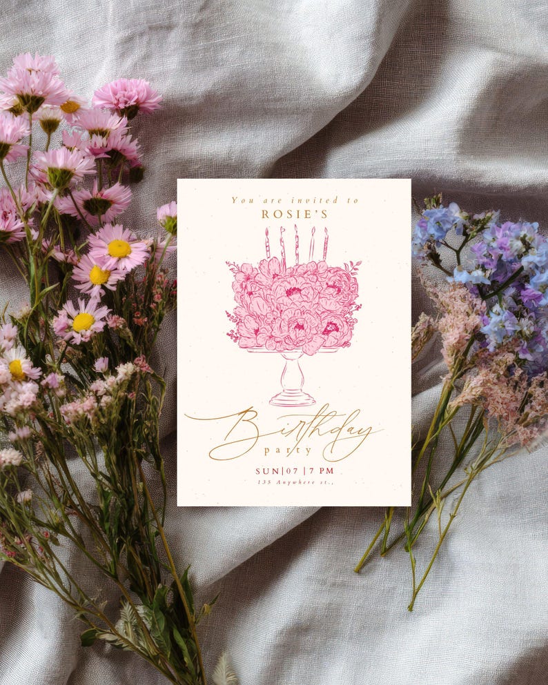 May include: A rectangular birthday party invitation card featuring a pink line-art illustration of a floral cake on a pedestal stand. The text reads: You are invited to ROSIE'S, Birthday party, SUN | 07 | 7 PM, 123 Anywhere st.