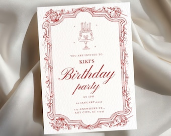 Elegant Vintage Birthday Invitation, Red Frame, Editable Canva Template (Digital Download)