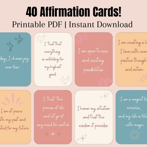 40 carte di affermazione quotidiana stampabili, mazzo di carte di affermazione positiva, stampe di vision board, kit di manifestazione, stampe di cura di sé