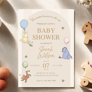 May include: A baby shower invitation with a beige background and Winnie the Pooh characters. The text reads "Baby Shower" and includes the name "Sarah Wilson" and event details. The invitation features illustrations of Pooh, Piglet, Eeyore, and Tigger.