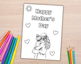 Printable Mother's Day Card: Mom & Child Hug Coloring Page (PDF)