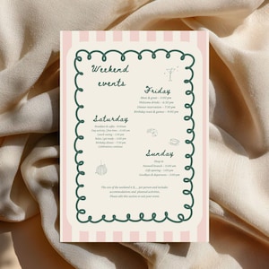 Pode incluir: Um cronograma de eventos rosa e branco com uma borda verde. O cronograma lista eventos de fim de semana, incluindo horários para encontros, jantares e atividades. O texto é em estilo manuscrito.