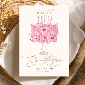 Pink Floral Birthday Invitation, Elegant Birthday Invite, Vintage Floral Birthday Party Invitation, Canva Template, Minimalist Birthday