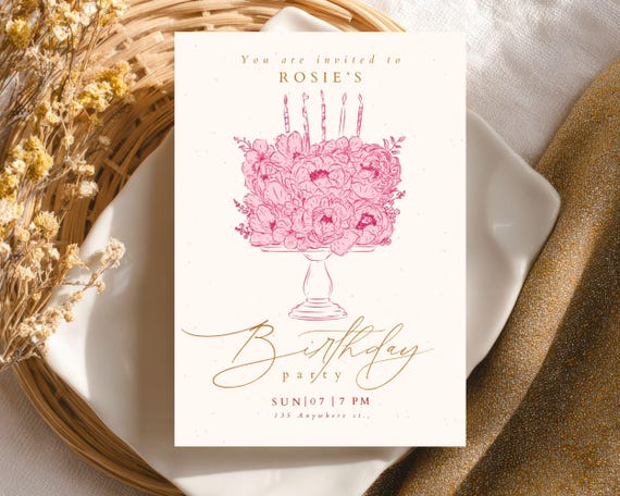 Pink Floral Birthday Invitation, Elegant Birthday Invite, Vintage Floral Birthday Party Invitation, Canva Template, Minimalist Birthday