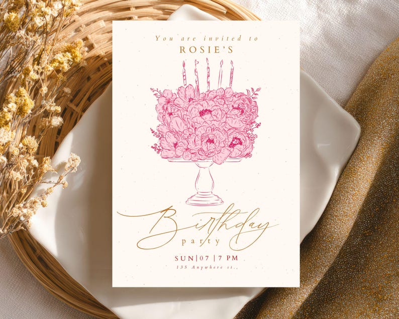 Pink Floral Birthday Invitation, Elegant Birthday Invite, Vintage Floral Birthday Party Invitation, Canva Template, Minimalist Birthday