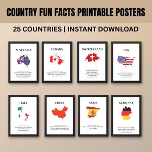 Puede incluir: Un conjunto de ocho carteles enmarcados con datos de países. Los carteles presentan banderas y mapas de Australia, Canadá, Suiza, EE. UU., Italia, China, España y Alemania. El texto superior dice "COUNTRY FUN FACTS PRINTABLE POSTERS" y "25 COUNTRIES | INSTANT DOWNLOAD."