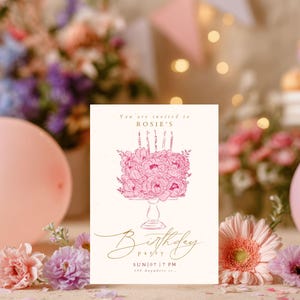 May include: A rectangular birthday party invitation card on a cream background featuring a pink line-art illustration of a floral cake on a pedestal. The text reads: You are invited to ROSIE'S Birthday party SUN|07 | 7 PM 123 Anywhere st.