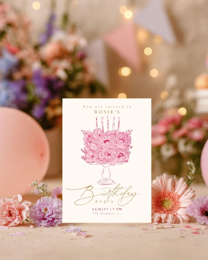 May include: A rectangular birthday party invitation card on a cream background featuring a pink line-art illustration of a floral cake on a pedestal. The text reads: You are invited to ROSIE'S Birthday party SUN|07 | 7 PM 123 Anywhere st.