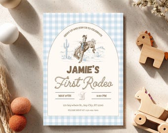 First Rodeo Birthday Invitation, Editable Rodeo 1st Birthday Invite, Western Cowboy Birthday Invitation, Blue Gingham Cowboy Birthday Invite