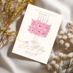 May include: A rectangular birthday party invitation card featuring a pink line-art illustration of a floral cake on a pedestal stand with candles. The text reads: You are invited to ROSIE'S, Birthday party, SUN | 07 | 7 PM, 135 Anywhere st.