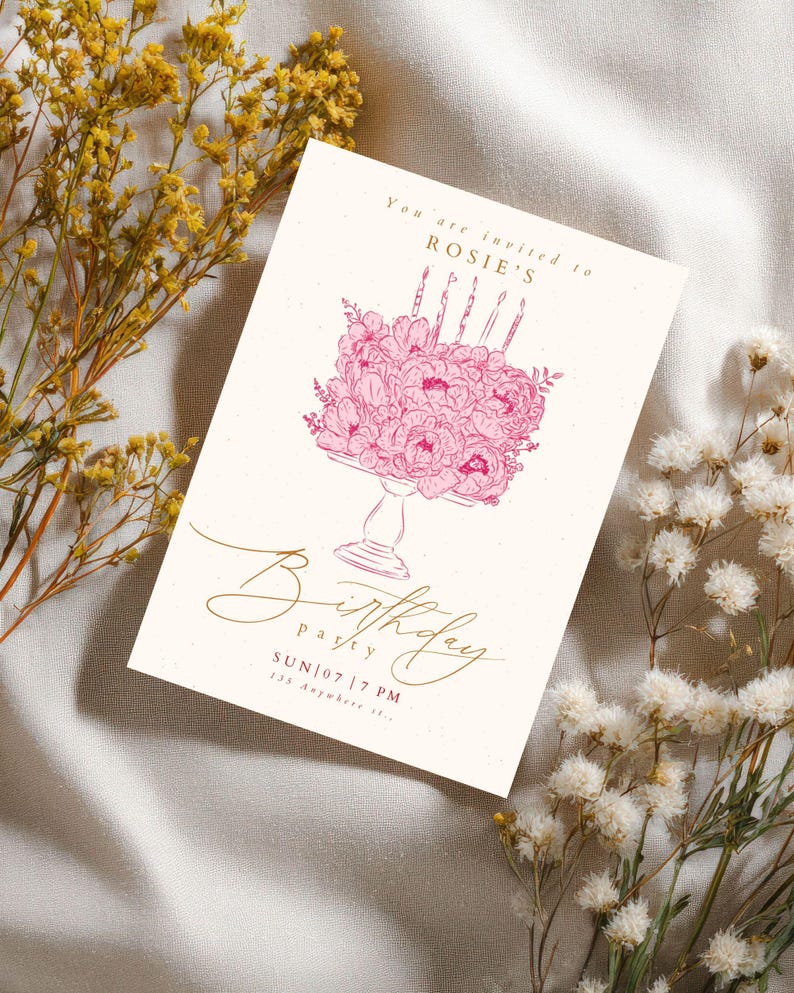 May include: A rectangular birthday party invitation card featuring a pink line-art illustration of a floral cake on a pedestal stand with candles. The text reads: You are invited to ROSIE'S, Birthday party, SUN | 07 | 7 PM, 135 Anywhere st.
