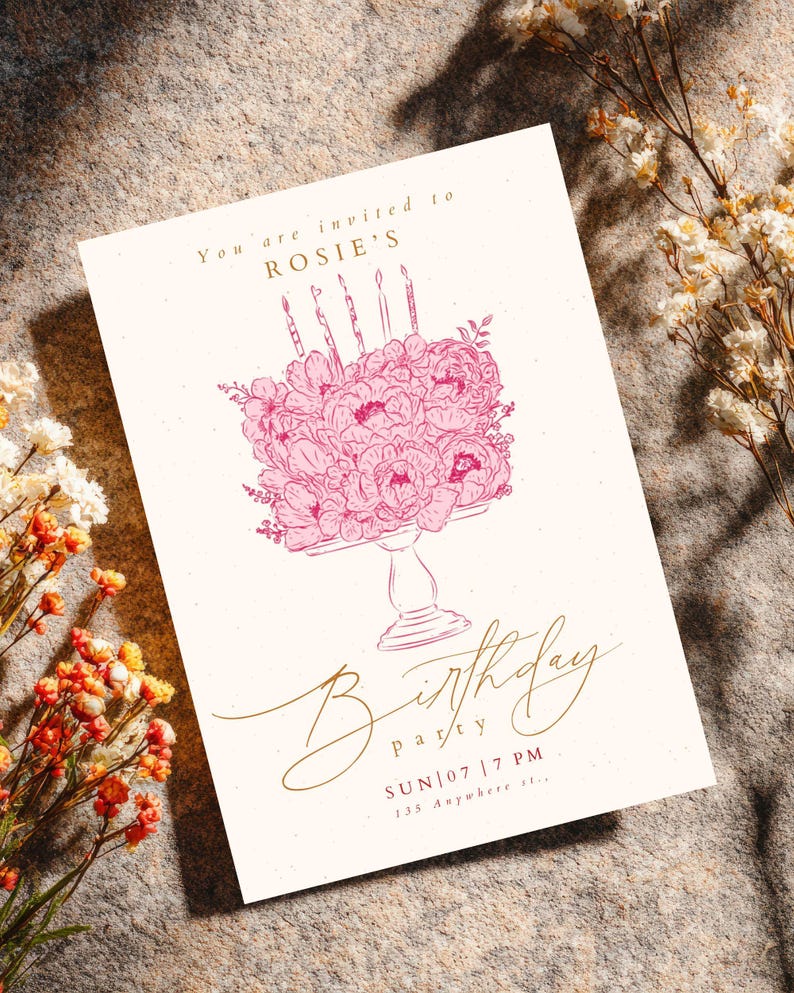 Pink Floral Birthday Invitation, Elegant Birthday Invite, Vintage Floral Birthday Party Invitation, Canva Template, Minimalist Birthday image 12