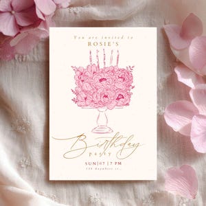 Pink Floral Birthday Invitation, Elegant Birthday Invite, Vintage Floral Birthday Party Invitation, Canva Template, Minimalist Birthday image 3