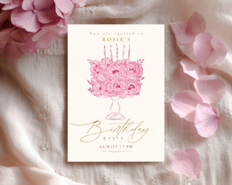 Pink Floral Birthday Invitation, Elegant Birthday Invite, Vintage Floral Birthday Party Invitation, Canva Template, Minimalist Birthday image 3