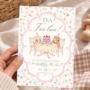 May include: A rectangular birthday invitation card featuring a floral background with a central illustration of a rabbit and a teddy bear wearing party hats at a table with a cake. Text reads: TEA For two! YOU ARE INVITED TO JULIANA'S 2nd birthday Par-tea! Oct 29 11-1 pm 123 ANYWHERE ST., ANY CITY.