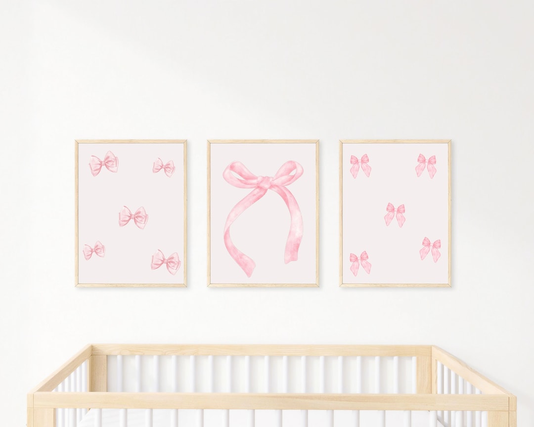 Set of 3 Bow Print Wall Art, Pink Nursery Decor, Pink Nursery Wall Art ...
