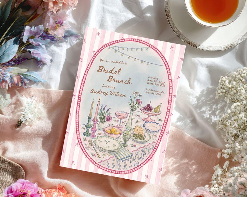 May include: A rectangular invitation card with a pink and white striped border featuring a watercolor illustration of a table set for a bridal brunch. The text reads: You are invited to a Bridal Brunch honoring Audrey Wilson, Sunday June 20, 2027, 3:00 PM, 123 Anywhere St. Any City 12345.